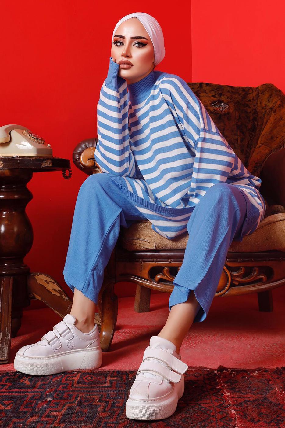 Vêtements hijab BLEU MARINE ENSEMBLE PANTALON EN MAILLE RAYÉE 1992