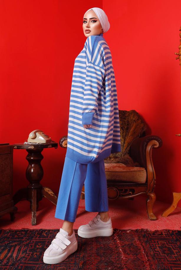Vêtements hijab BLEU MARINE ENSEMBLE PANTALON EN MAILLE RAYÉE 1992 - TRENDTESETTÜR