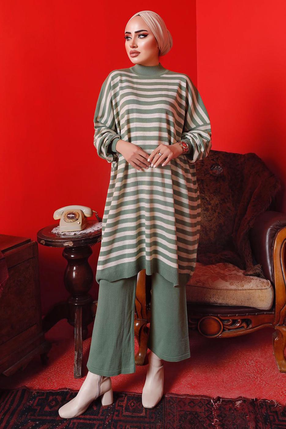 Tesettür giyim YEŞİL ÇİZGİLİ PANTOLONLU TRİKO TAKIM 1992 