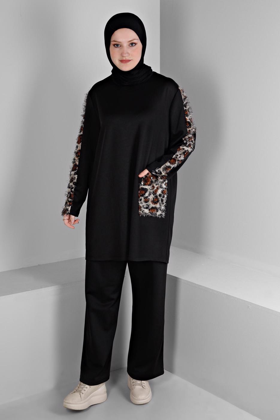 Hijab clothing BLACK ALVINA LEOPARD PATTERNED PANTS SUIT T 20302