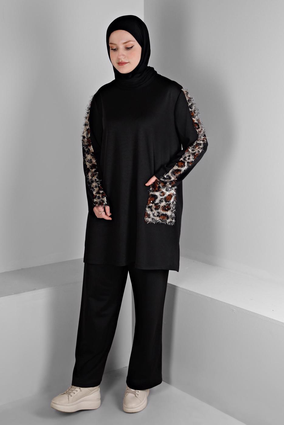 Hijab clothing BLACK ALVINA LEOPARD PATTERNED PANTS SUIT T 20302