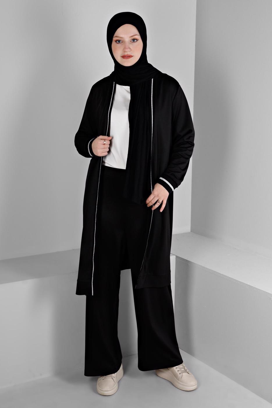 Tesettür giyim SİYAH ALVİNA SİM DETAYLI PANTOLONLU TAKIM T 20319