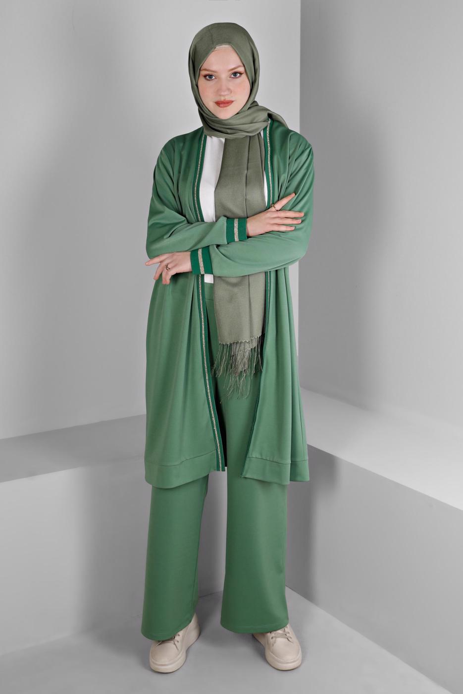 Tesettür giyim YEŞİL ALVİNA SİM DETAYLI PANTOLONLU TAKIM T 20319