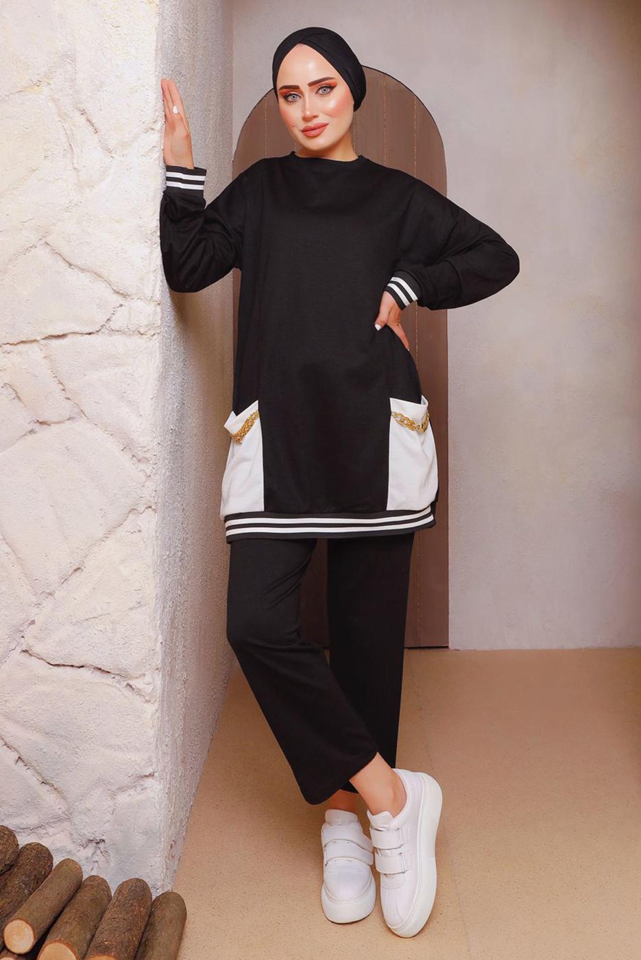 Tesettür giyim SİYAH ZİNCİR DETAYLI PANTOLONLU TAKIM 2172 