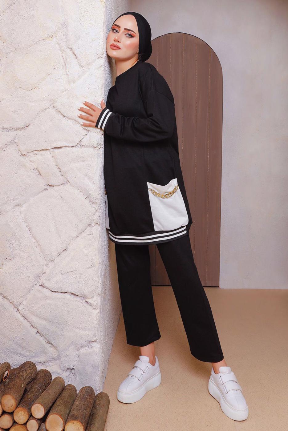 Tesettür giyim SİYAH ZİNCİR DETAYLI PANTOLONLU TAKIM 2172 