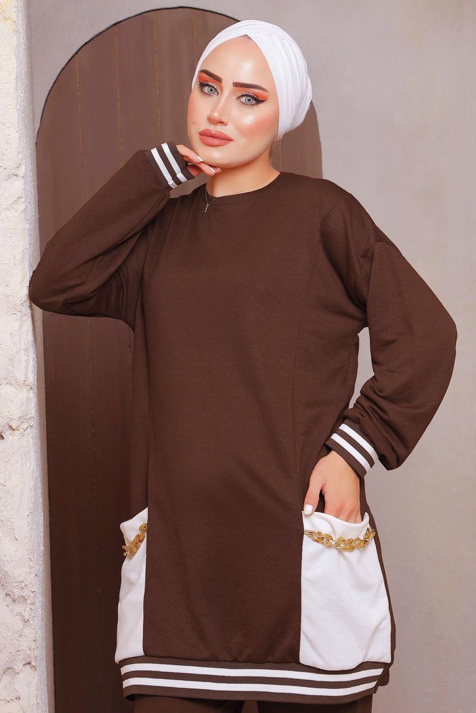Tesettür giyim KAHVE ZİNCİR DETAYLI PANTOLONLU TAKIM 2172 