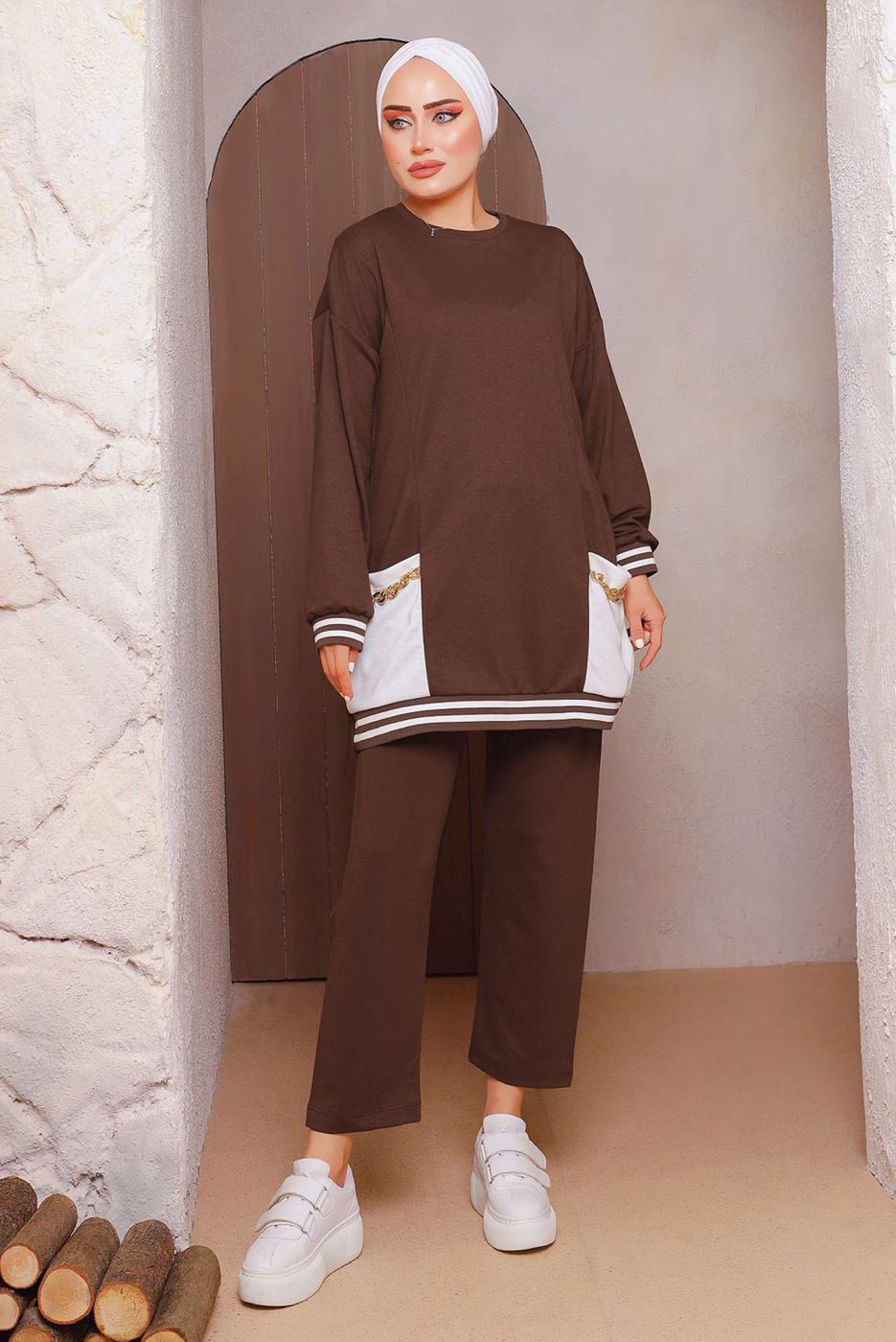 Tesettür giyim KAHVE ZİNCİR DETAYLI PANTOLONLU TAKIM 2172 