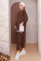 Tesettür giyim KAHVE ZİNCİR DETAYLI PANTOLONLU TAKIM 2172 
