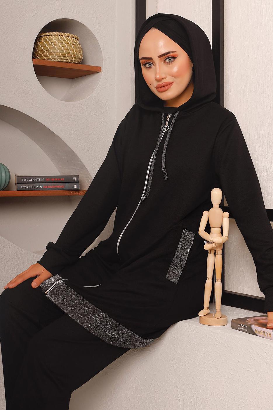 Tesettür giyim SİYAH SİMLİ PANTOLONLU TAKIM 2272 