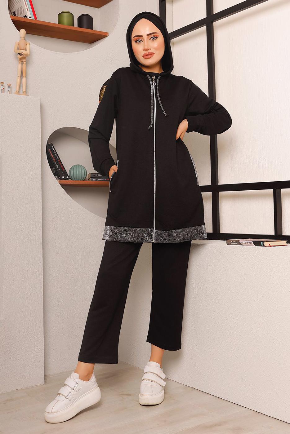 Tesettür giyim SİYAH SİMLİ PANTOLONLU TAKIM 2272 