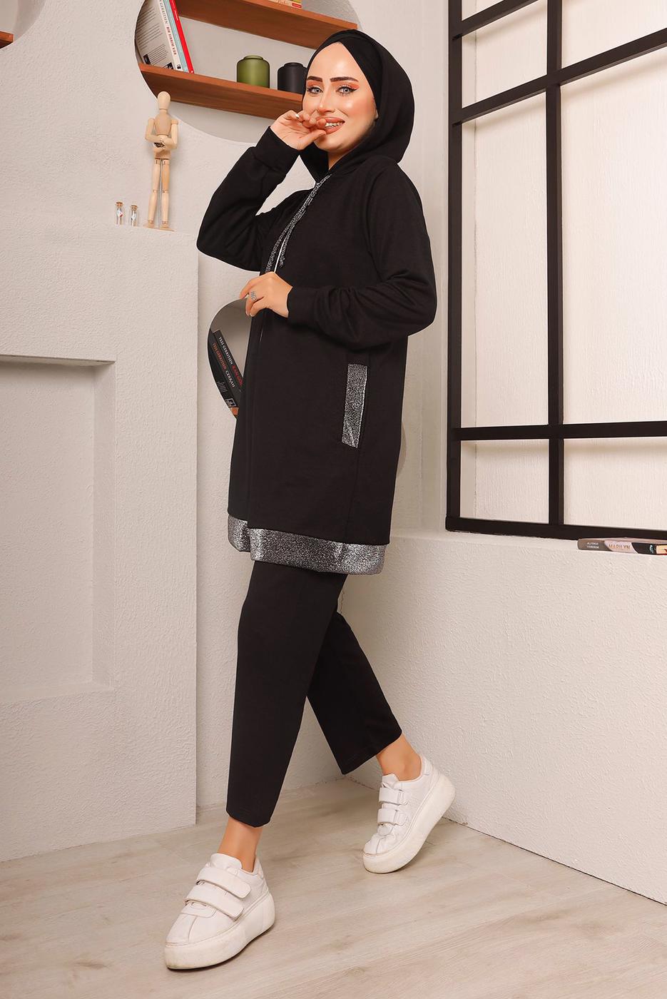 Tesettür giyim SİYAH SİMLİ PANTOLONLU TAKIM 2272 