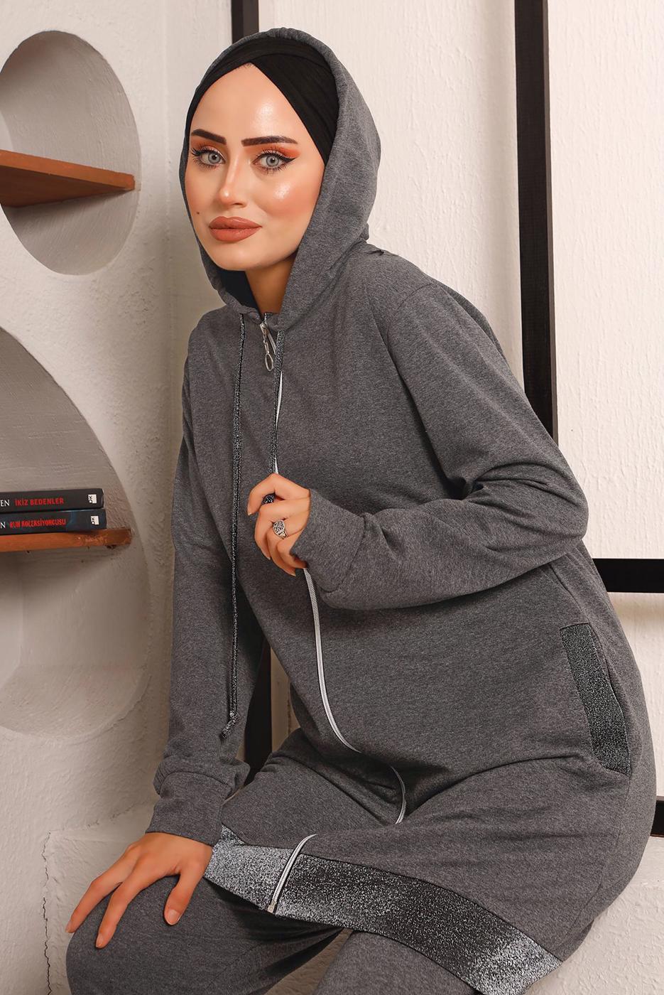 Tesettür giyim GRİ SİMLİ PANTOLONLU TAKIM 2272 