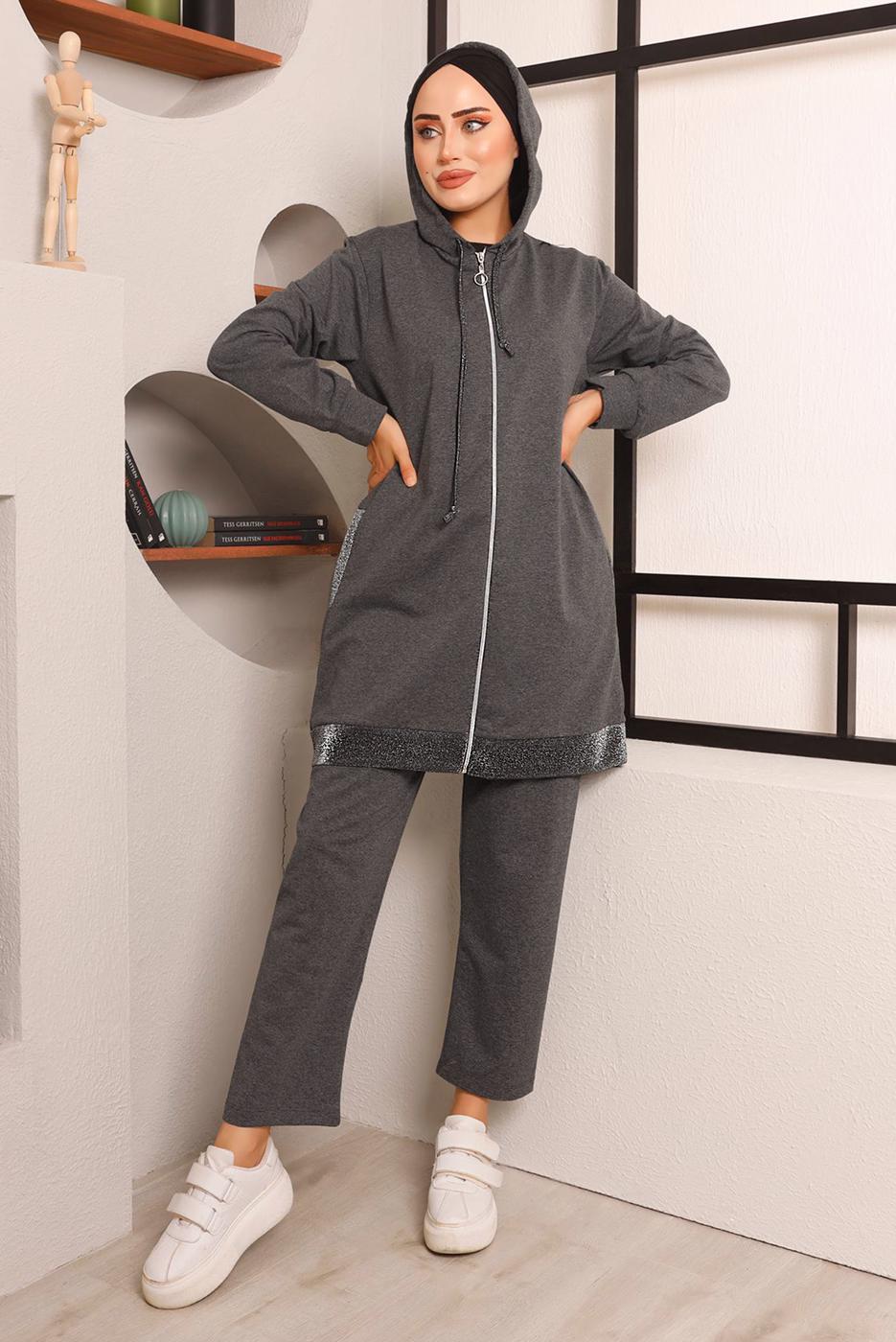 Tesettür giyim GRİ SİMLİ PANTOLONLU TAKIM 2272 