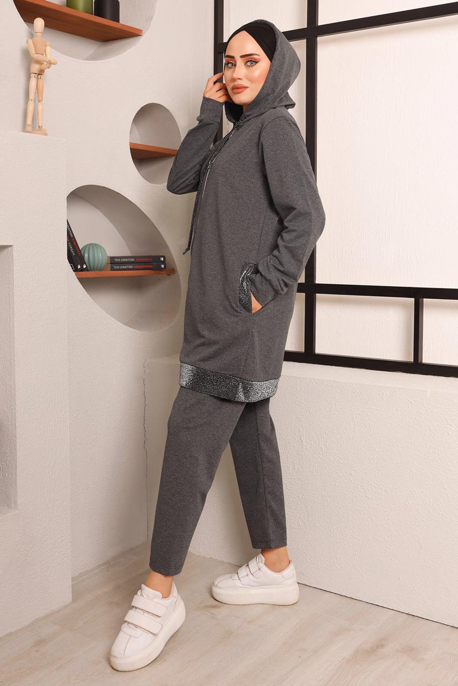 Tesettür giyim GRİ SİMLİ PANTOLONLU TAKIM 2272 
