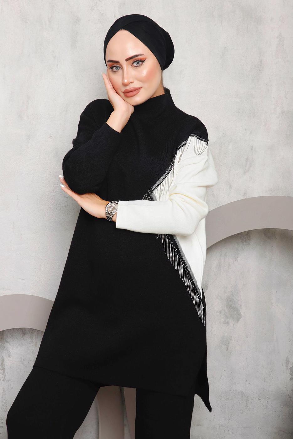 Vêtements hijab NOIR COSTUME PANTALON MAILLE DÉTAIL FRANGES 2292