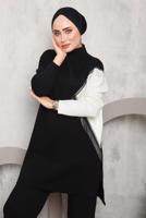 Vêtements hijab NOIR COSTUME PANTALON MAILLE DÉTAIL FRANGES 2292