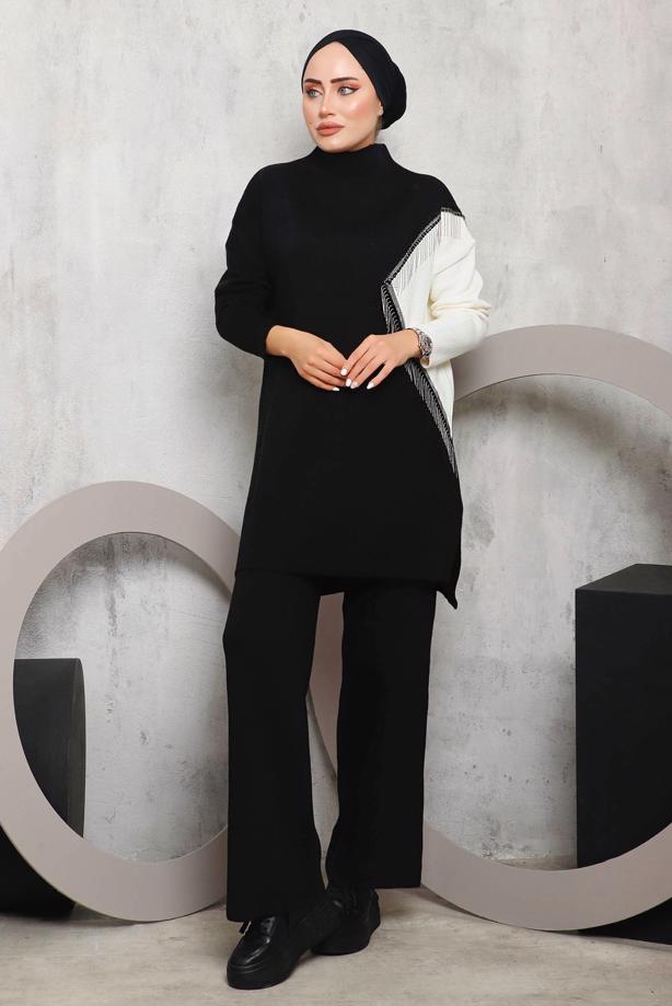 Vêtements hijab NOIR COSTUME PANTALON MAILLE DÉTAIL FRANGES 2292 - TRENDTESETTÜR