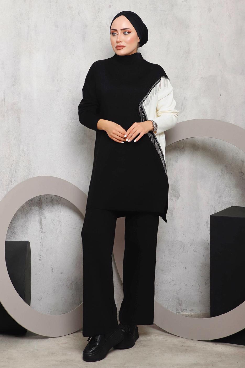 Vêtements hijab NOIR COSTUME PANTALON MAILLE DÉTAIL FRANGES 2292