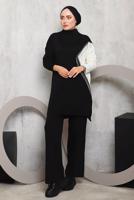 Vêtements hijab NOIR COSTUME PANTALON MAILLE DÉTAIL FRANGES 2292