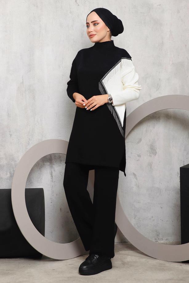 Vêtements hijab NOIR COSTUME PANTALON MAILLE DÉTAIL FRANGES 2292 - TRENDTESETTÜR