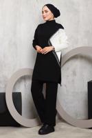 Vêtements hijab NOIR COSTUME PANTALON MAILLE DÉTAIL FRANGES 2292