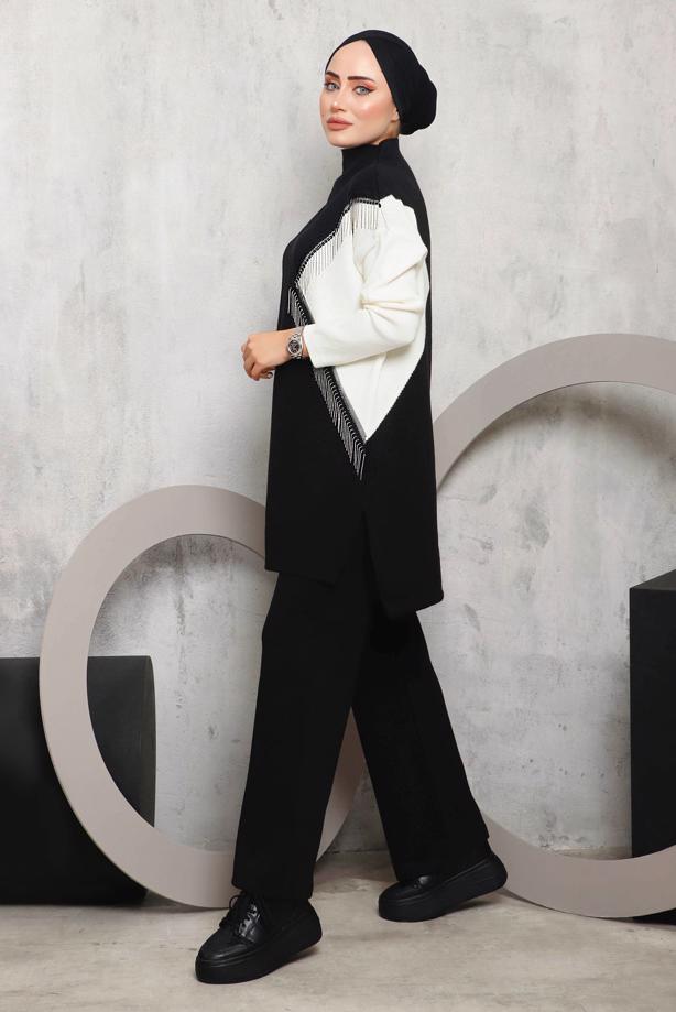 Vêtements hijab NOIR COSTUME PANTALON MAILLE DÉTAIL FRANGES 2292 - TRENDTESETTÜR