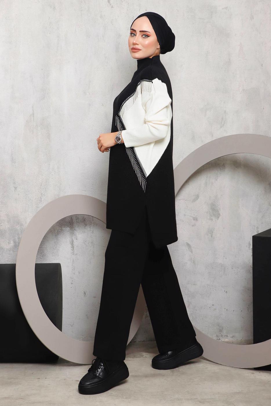 Vêtements hijab NOIR COSTUME PANTALON MAILLE DÉTAIL FRANGES 2292