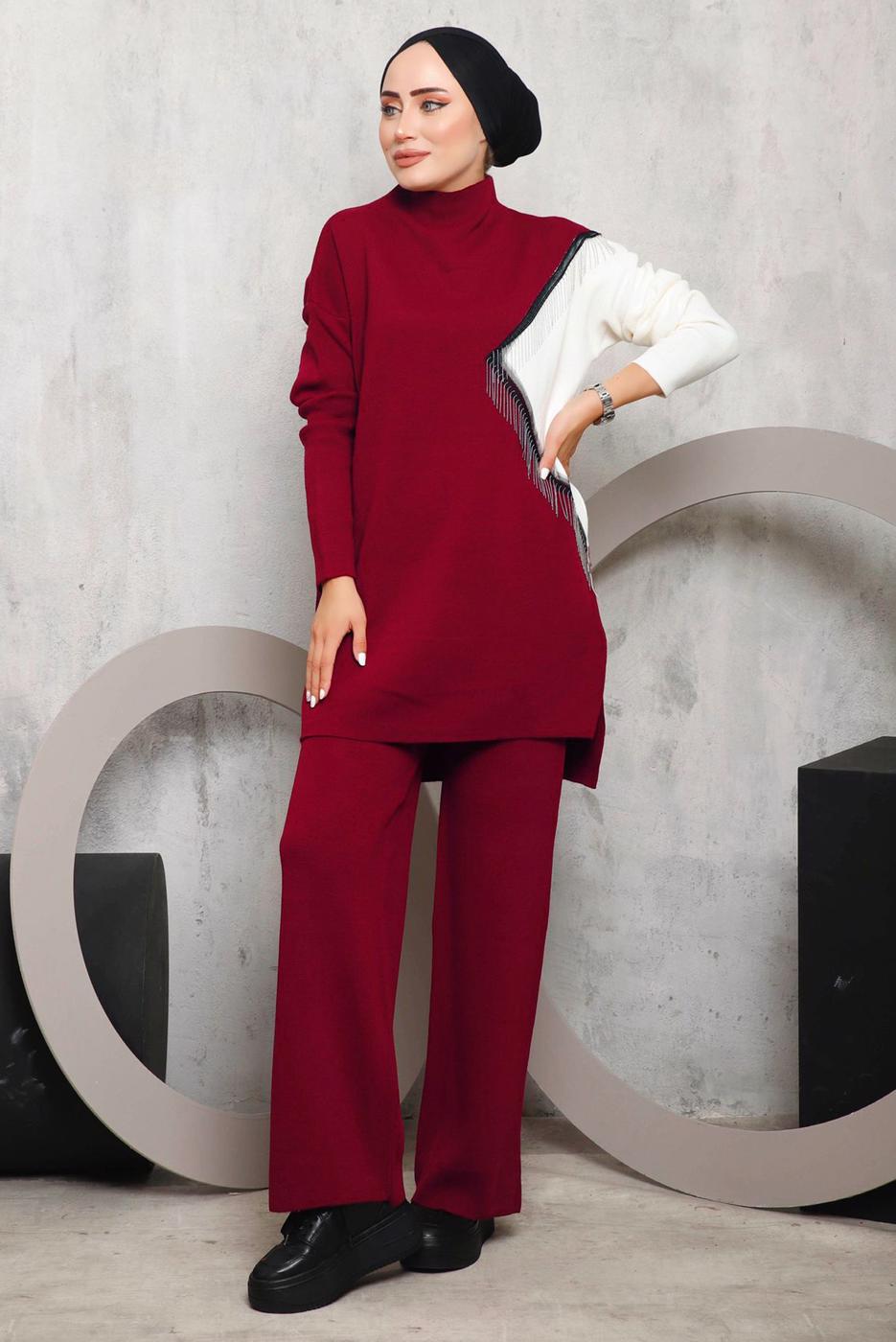 Tesettür giyim KIRMIZI PÜSKÜL DETAYLI PANTOLONLU TRİKO TAKIM 2292