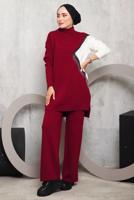 Tesettür giyim KIRMIZI PÜSKÜL DETAYLI PANTOLONLU TRİKO TAKIM 2292