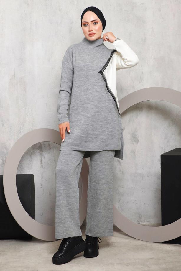 Vêtements hijab GRIS COSTUME PANTALON MAILLE DÉTAIL FRANGES 2292 - TRENDTESETTÜR