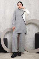 Tesettür giyim GRİ PÜSKÜL DETAYLI PANTOLONLU TRİKO TAKIM 2292