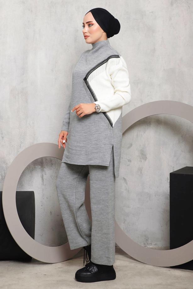 Vêtements hijab GRIS COSTUME PANTALON MAILLE DÉTAIL FRANGES 2292 - TRENDTESETTÜR