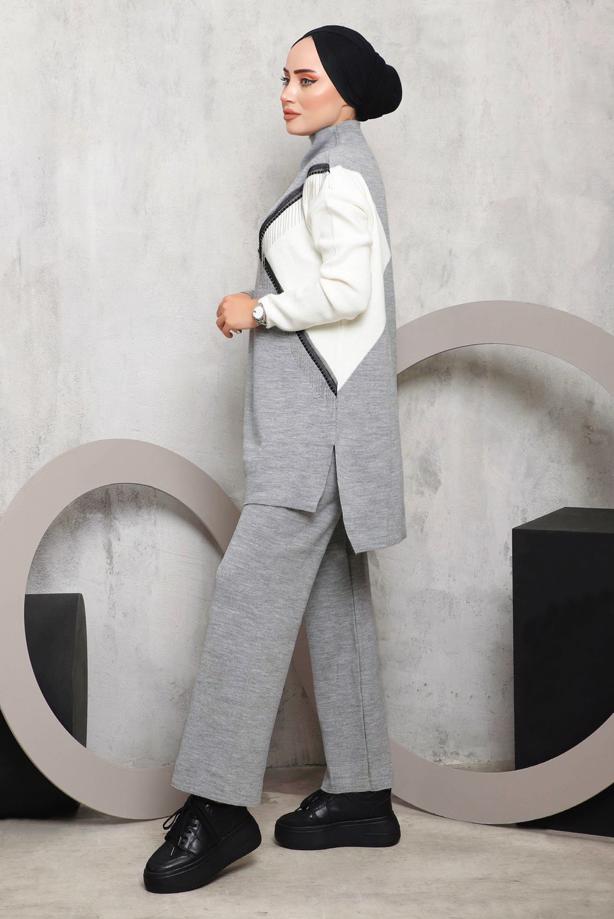 Vêtements hijab GRIS COSTUME PANTALON MAILLE DÉTAIL FRANGES 2292 - TRENDTESETTÜR