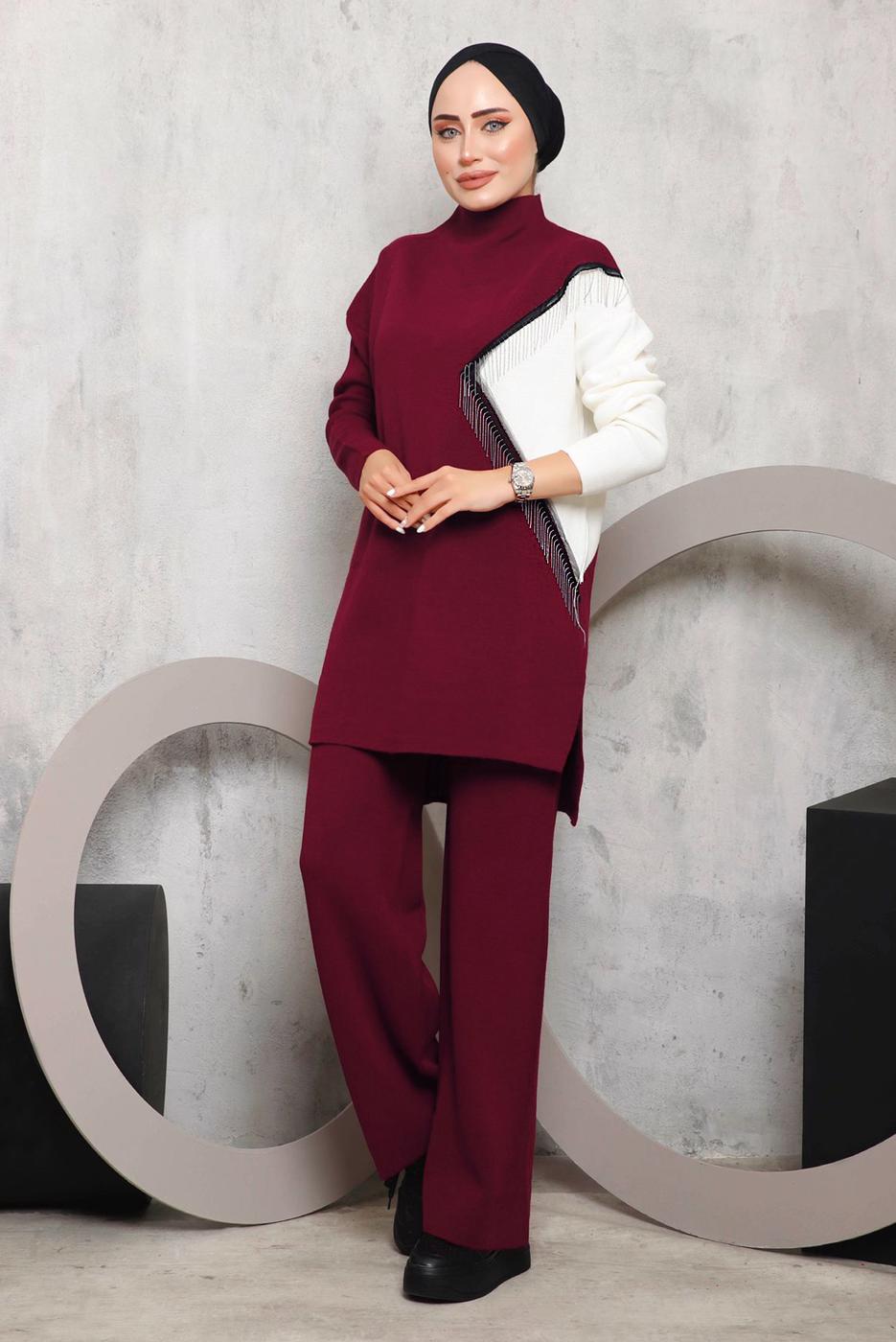 Tesettür giyim BORDO PÜSKÜL DETAYLI PANTOLONLU TRİKO TAKIM 2292