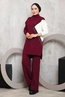 Tesettür giyim BORDO PÜSKÜL DETAYLI PANTOLONLU TRİKO TAKIM 2292