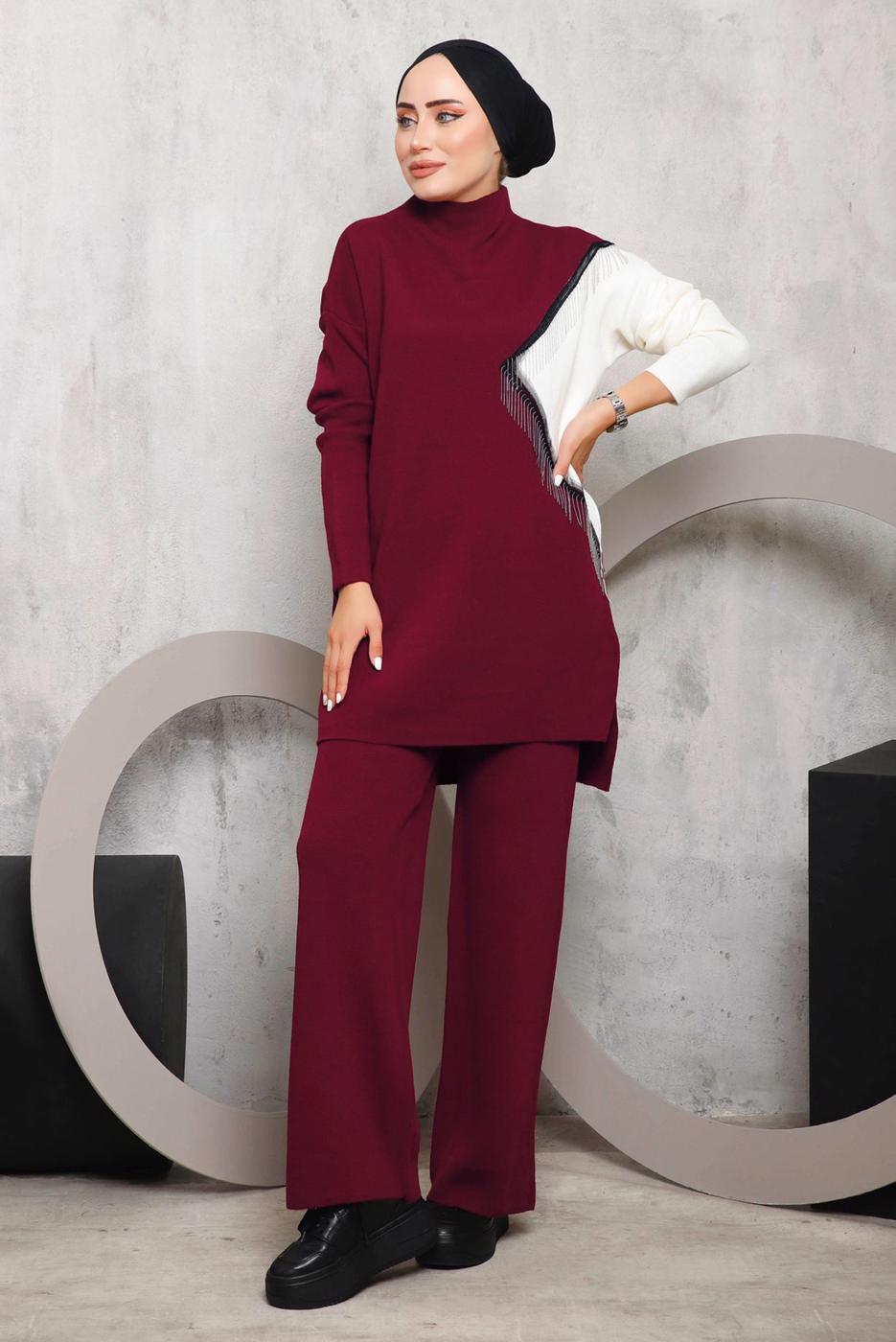 Tesettür giyim BORDO PÜSKÜL DETAYLI PANTOLONLU TRİKO TAKIM 2292