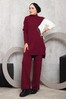 Tesettür giyim BORDO PÜSKÜL DETAYLI PANTOLONLU TRİKO TAKIM 2292