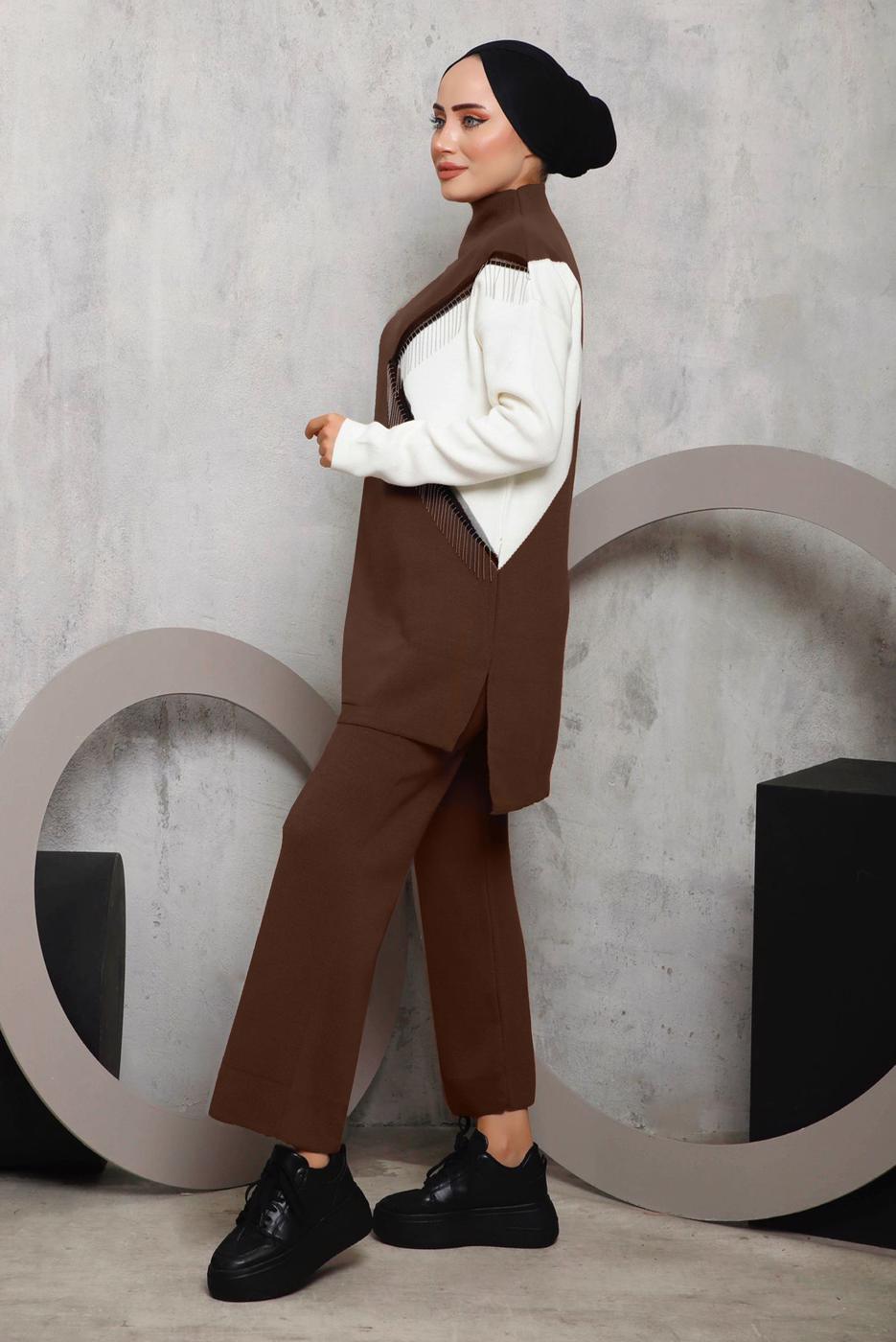 Vêtements hijab BRUN COSTUME PANTALON MAILLE DÉTAIL FRANGES 2292