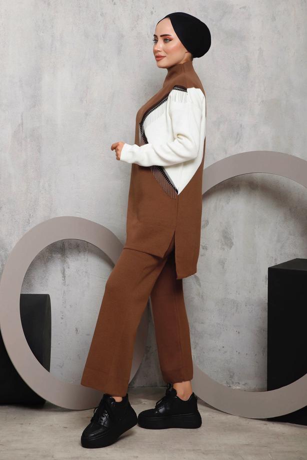 Vêtements hijab  FRINGE DETAIL KNITWEAR PANTS SUIT 2292 - TRENDTESETTÜR