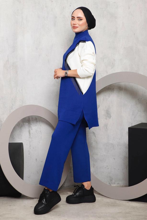 Vêtements hijab BLEU MARINE COSTUME PANTALON MAILLE DÉTAIL FRANGES 2292 - TRENDTESETTÜR