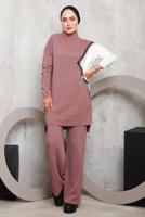 Tesettür giyim PUDRA PÜSKÜL DETAYLI PANTOLONLU TRİKO TAKIM 2292