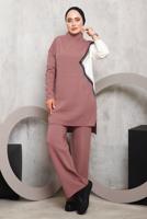Tesettür giyim PUDRA PÜSKÜL DETAYLI PANTOLONLU TRİKO TAKIM 2292