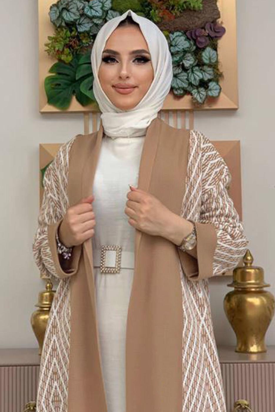 Tesettür giyim TABA DESENLİ TRİKO HIRKA 23222