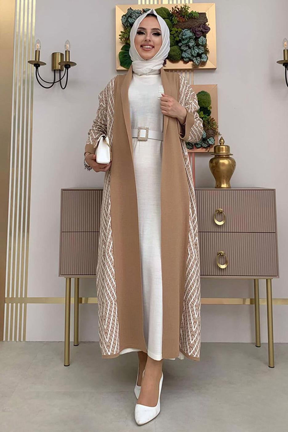 Tesettür giyim TABA DESENLİ TRİKO HIRKA 23222