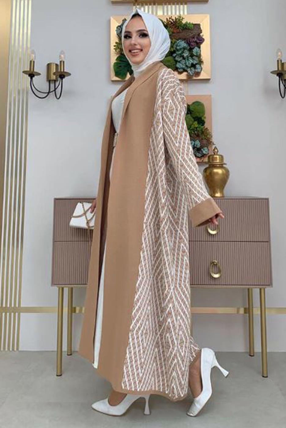 Tesettür giyim TABA DESENLİ TRİKO HIRKA 23222