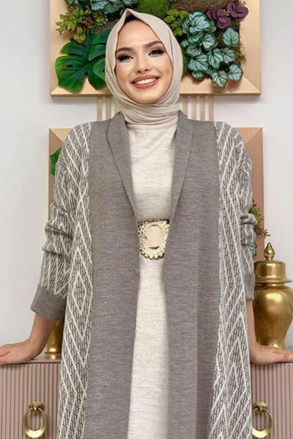 Tesettür giyim VİZON DESENLİ TRİKO HIRKA 23222