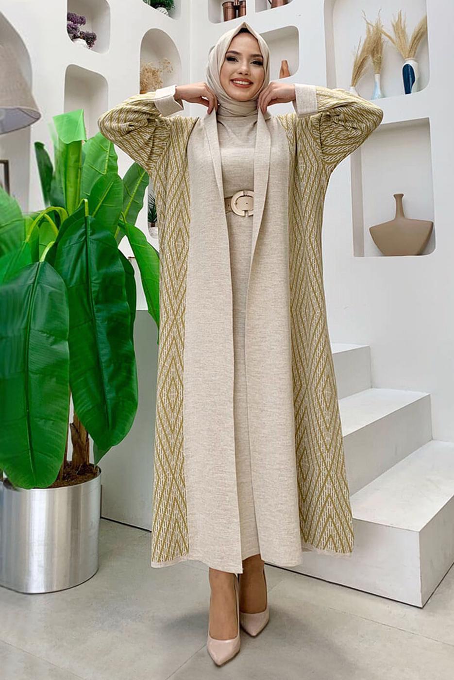Hijab clothing BEIGE PATTERNED KNITWEAR CARDIGAN 23222