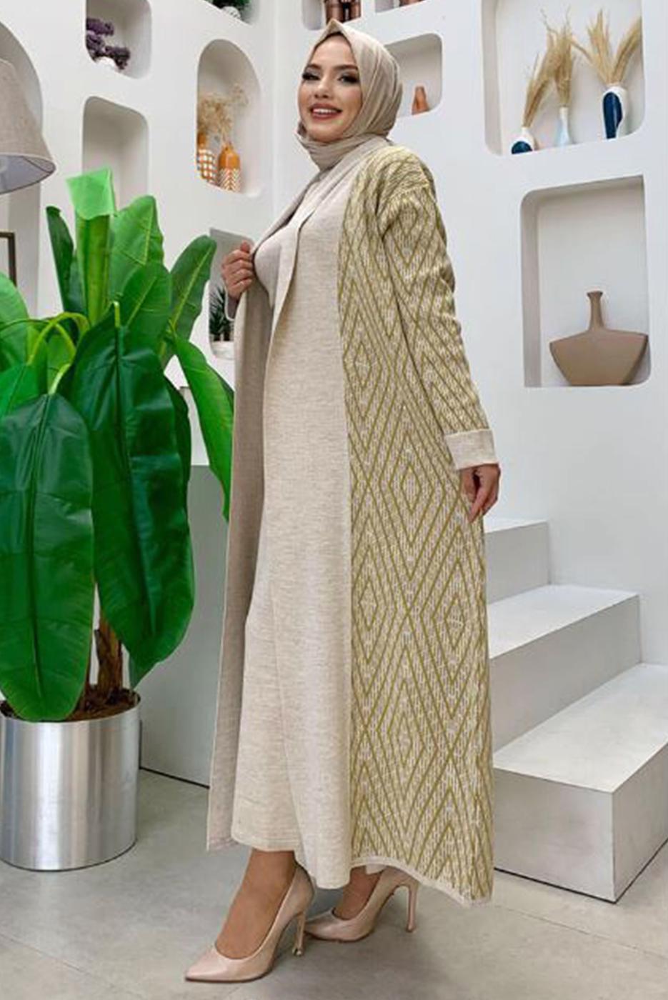 Hijab clothing BEIGE PATTERNED KNITWEAR CARDIGAN 23222