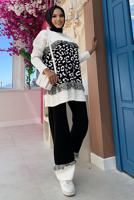 Tesettür giyim SİYAH DESENLİ PÜSKÜLLÜ PANOLONLU TRİKO TAKIM 2416 