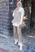 Tesettür giyim VİZON DESENLİ PÜSKÜLLÜ PANOLONLU TRİKO TAKIM 2416 